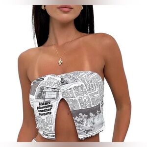 Princess Poly Read About It Newspaper Print Tube  Crop Top - White & Black 8